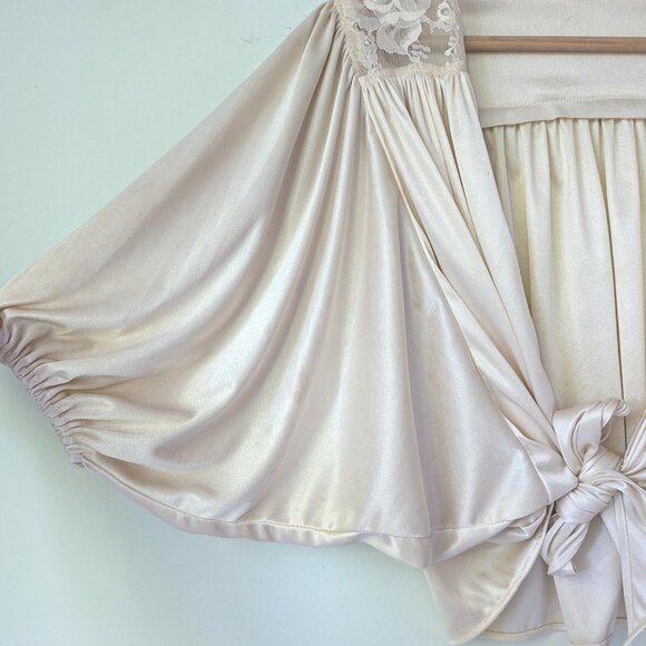 VTG champagne draped lace trim tie front bed jacket cropped short bolero - Picture 2 of 4